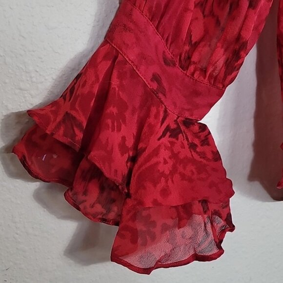 Vintage Chicos Sheer 100% Silk Button Up Shirt Size M/L Red Ruffle Goth Vamp Y2K - Picture 12 of 14